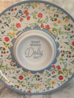Dolly Parton Floral Serving Platter with Blue Trim and Center Bowl